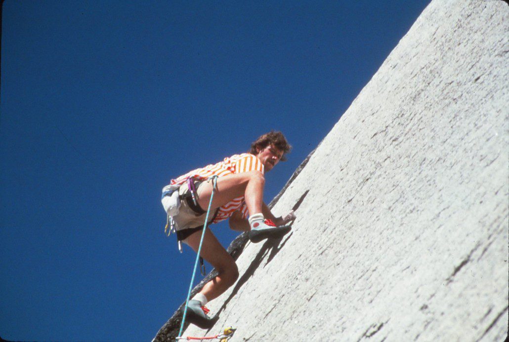 Climbing the glacier polished granite of Tuolumne Meadows (Carl Cadenasso climbing)