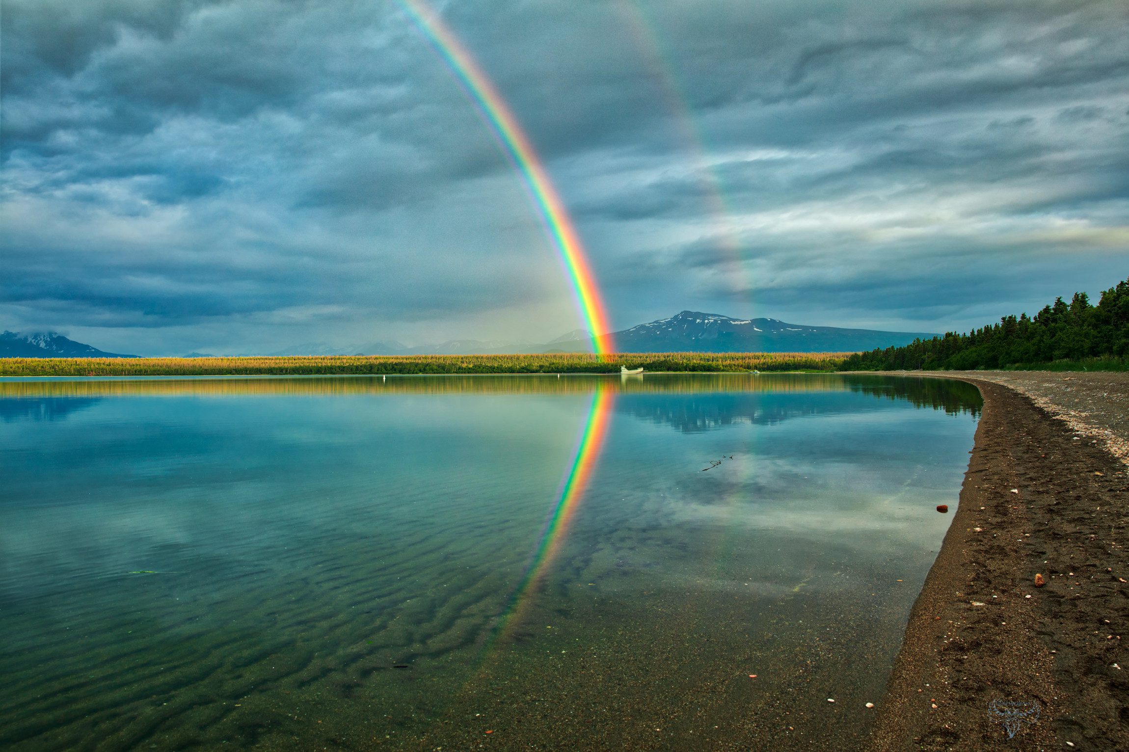Katmai Double Rainbow reflected in Naknek Lake