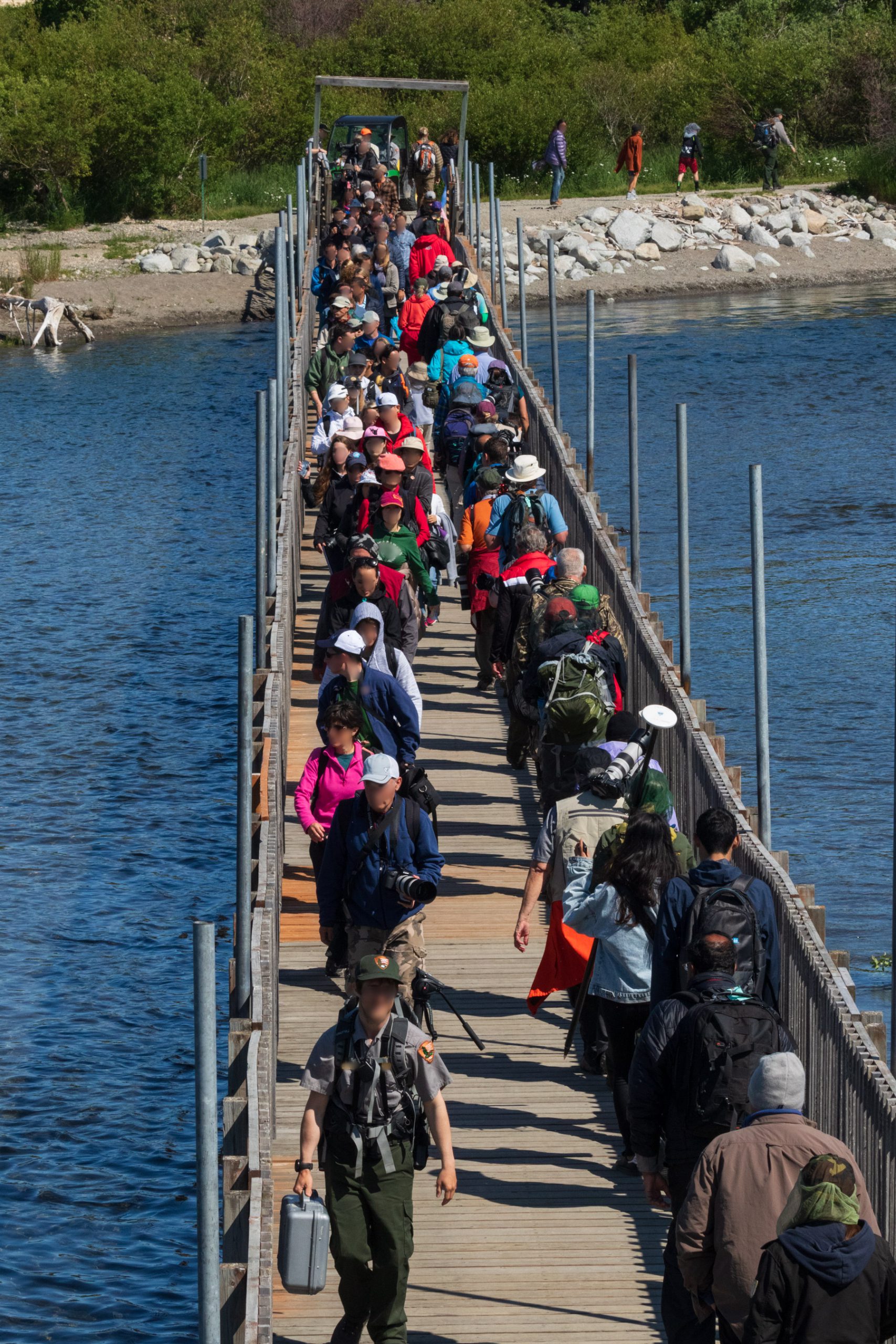 People walking across the floating bridge at Katmai National Park & Preserve.
